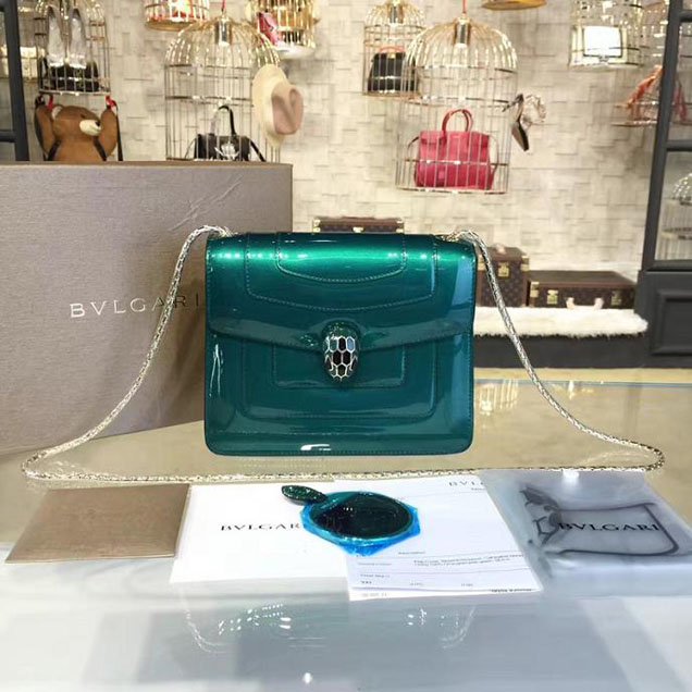 Bulgari Serpenti 20cm Small with Single Gusset Bag Fall 2016 Collection Patent Calfskin Leather Green