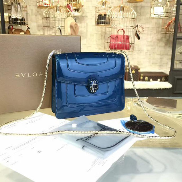 Bulgari Serpenti 20cm Small with Single Gusset Bag Fall 2016 Collection Patent Calfskin Leather Blue