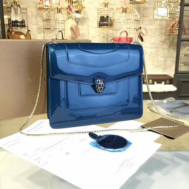 Bulgari Serpenti 25cm Small with Single Gusset Bag Fall 2016 Collection Patent Calfskin Leather Blue