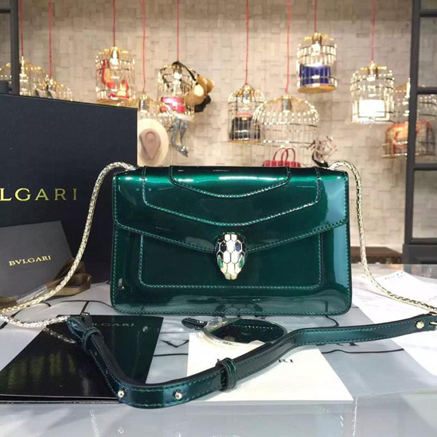 Bulgari Serpenti Flap Clutch Bag Patent Calfskin Leather Fall Winter 2015 Collection Emerald Green