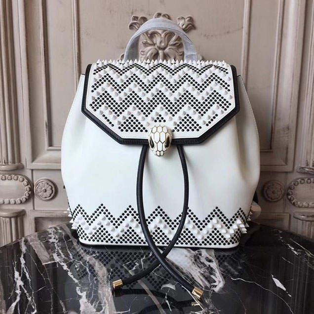 Bvlgari x Nicholas Kirkwood Serpenti Forever Studded Drawstring Backpack 26cm Calfskin Leather Fall Winter 2017 Collection White Black