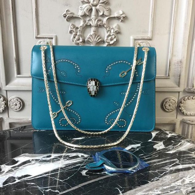 Bulgari Serpenti Forever Studded Pop Heart 27cm Bag with Two Gussets Calfskin Leather Spring Summer 2018 Collection Turquoise