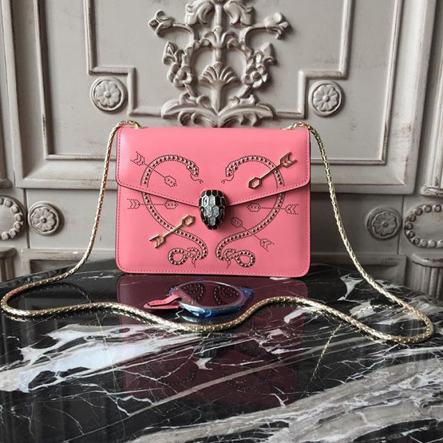 Bulgari Serpenti Forever Studded Pop Heart 20cm Bag with Single Gusset Calfskin Leather Spring Summer 2018 Collection Pink