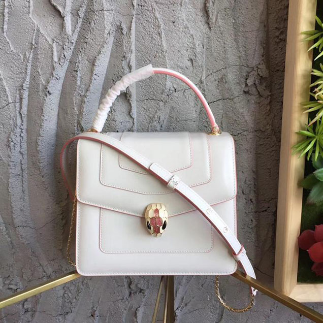 Bulgari Serpenti Top Handle 20cm Mini Calfskin Leather Pre-Fall 2017 Collection White with Pink Piping