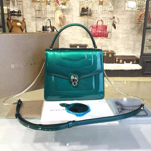 Bulgari Serpenti Top Handle 20cm Mini Bag Fall 2016 Collection Patent Calfskin Leather Green