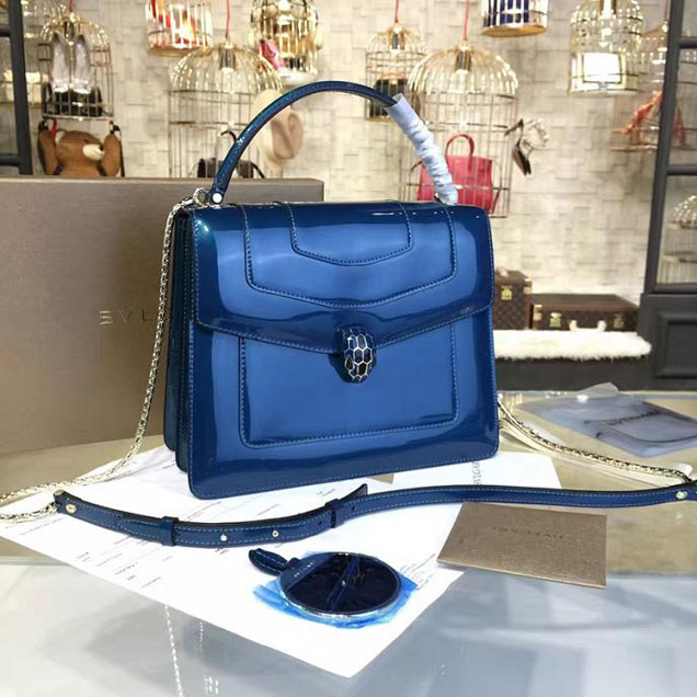 Bulgari Serpenti Top Handle 25cm Medium Bag Fall 2016 Collection Patent Calfskin Leather Blue