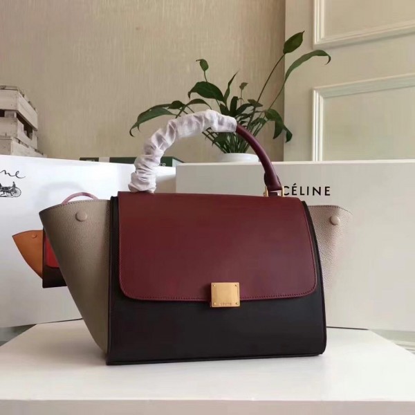 Celine Tricolor Elephant Calfskin Trapeze small Bag black/burgundy/black