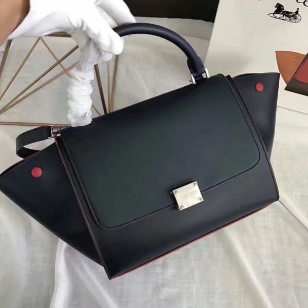 Celine smooth Calfskin Trapeze small Bag black with red buttons