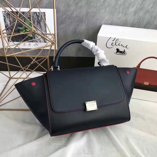 Celine smooth Calfskin Trapeze small Bag black with red buttons