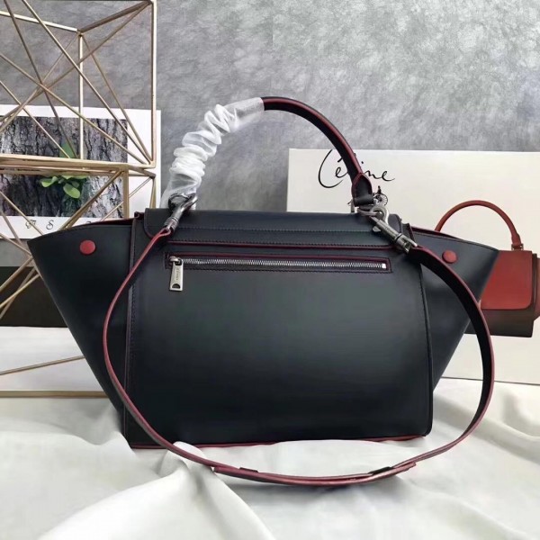 Celine smooth Calfskin Trapeze small Bag black with red buttons