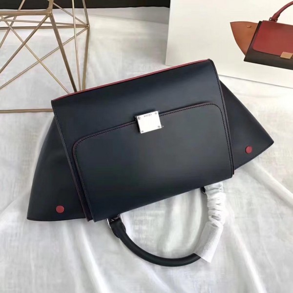 Celine smooth Calfskin Trapeze small Bag black with red buttons