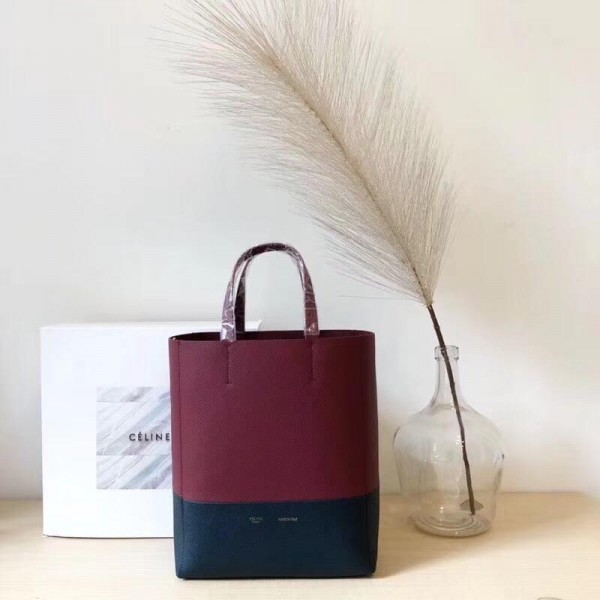 Celine Small Cabas Shopping Bag in Grained Calfskin 189813 Burgundy/Black 2019
