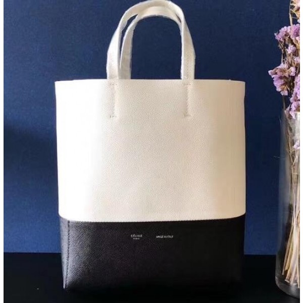 Celine Small Cabas Shopping Bag in Grained Calfskin 189813 White/Black 2019