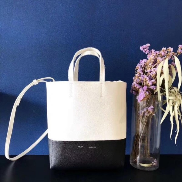 Celine Small Cabas Shopping Bag in Grained Calfskin 189813 White/Black 2019