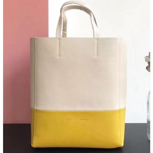 Celine Small Cabas Shopping Bag in Grained Calfskin 189813 White/Yellow 2019