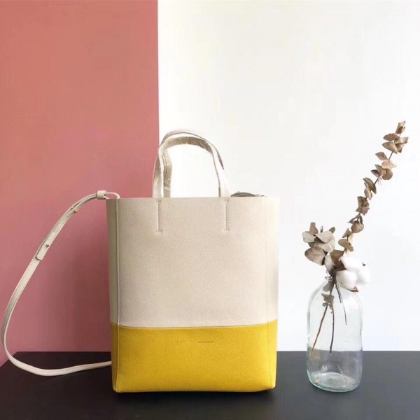 Celine Small Cabas Shopping Bag in Grained Calfskin 189813 White/Yellow 2019