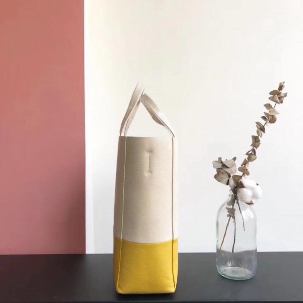 Celine Small Cabas Shopping Bag in Grained Calfskin 189813 White/Yellow 2019