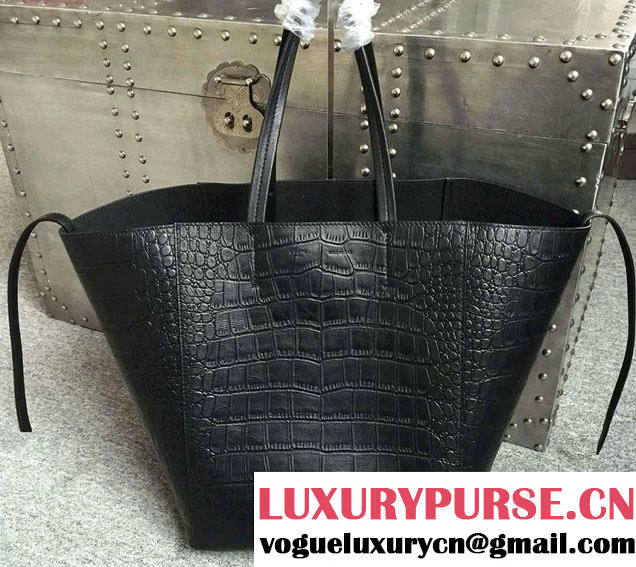 Celine Calfskin Cabas Phantom Shopping Bag Black Croco Pattern 2015