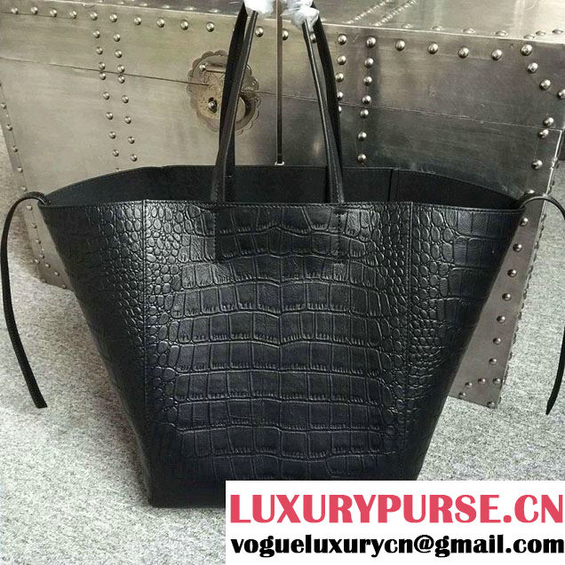 Celine Calfskin Cabas Phantom Shopping Bag Black Croco Pattern 2015