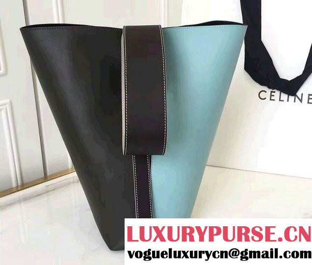 Celine Shiny Smooth Calfskin Small Twisted Cabas Bag Black/Cyan 2016