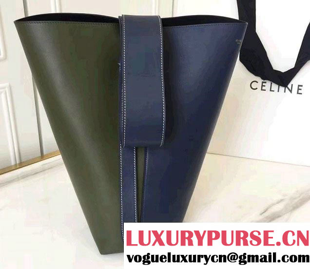 Celine Shiny Smooth Calfskin Small Twisted Cabas Bag Green/Navy 2016