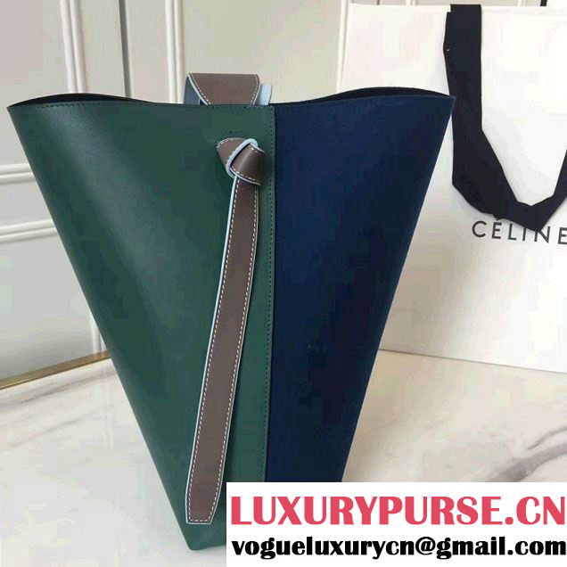 Celine Shiny Smooth Calfskin Small Twisted Cabas Bag Felt Navy/Green 2016