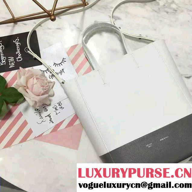 Celine Grained Calfskin Small Cabas Tote Bag Off White/Gray 2016