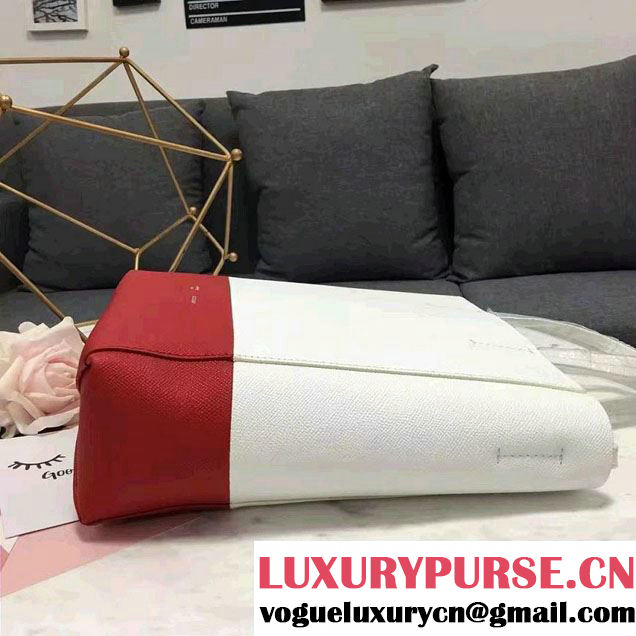 Celine Grained Calfskin Small Cabas Tote Bag Off White/Red 2016