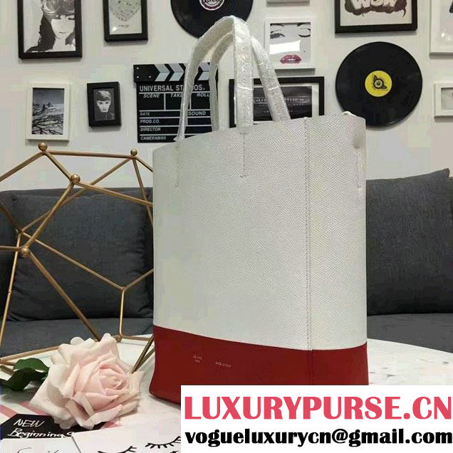 Celine Grained Calfskin Small Cabas Tote Bag Off White/Red 2016