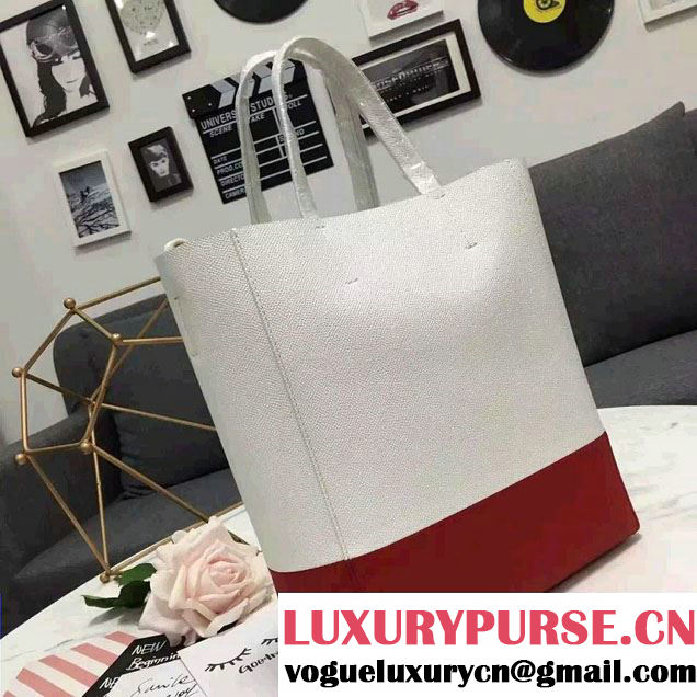 Celine Grained Calfskin Small Cabas Tote Bag Off White/Red 2016