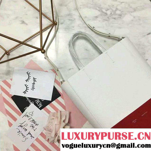 Celine Grained Calfskin Small Cabas Tote Bag Off White/Red 2016