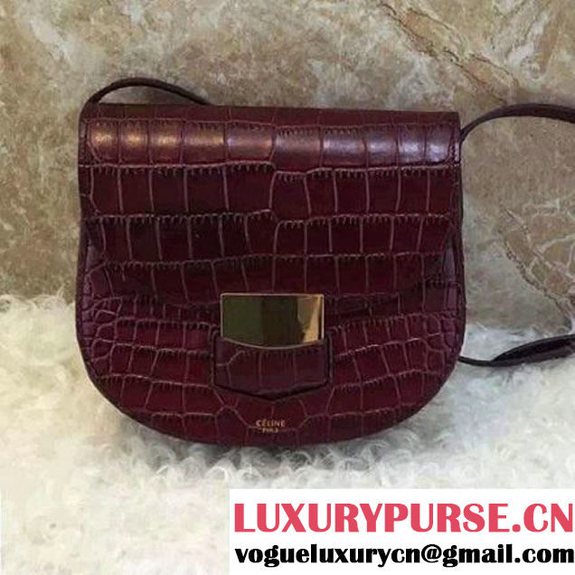 Celine Small Trotteur Shoulder Bag in Calfskin Croco Pattern Burgundy Summer 2016 (1A021-6070510 )