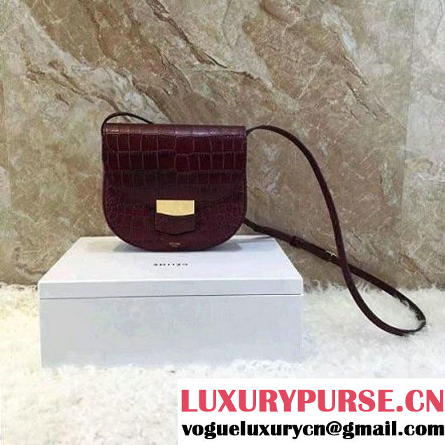 Celine Small Trotteur Shoulder Bag in Calfskin Croco Pattern Burgundy Summer 2016 (1A021-6070510 )