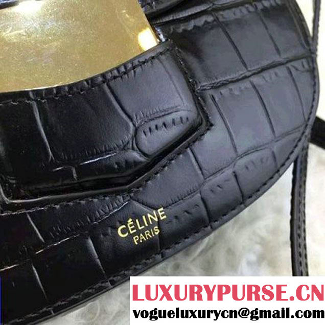 Celine Small Trotteur Shoulder Bag in Calfskin Croco Pattern Black Summer 2016 (1A021-6070511 )