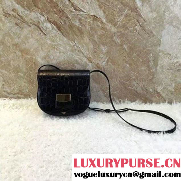 Celine Small Trotteur Shoulder Bag in Calfskin Croco Pattern Black Summer 2016 (1A021-6070511 )
