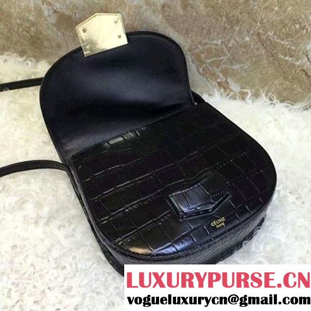 Celine Small Trotteur Shoulder Bag in Calfskin Croco Pattern Black Summer 2016 (1A021-6070511 )