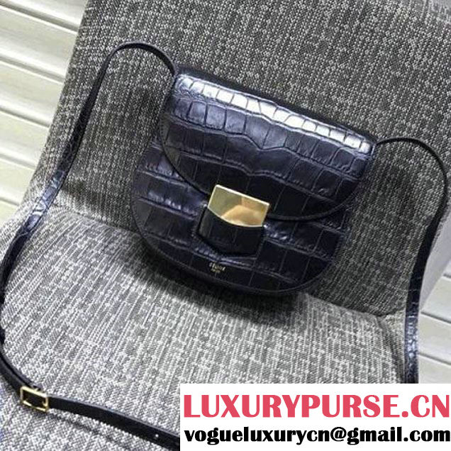 Celine Small Trotteur Shoulder Bag In Calfskin Crocodile Pattern Black Winter 2016 (XLD-6100707 )