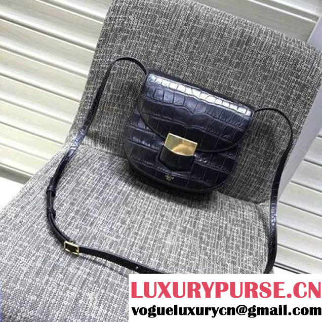 Celine Small Trotteur Shoulder Bag In Calfskin Crocodile Pattern Black Winter 2016 (XLD-6100707 )