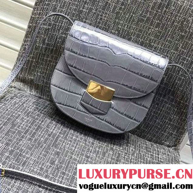 Celine Small Trotteur Shoulder Bag In Calfskin Crocodile Pattern Gray Winter 2016 (XLD-6100708 )