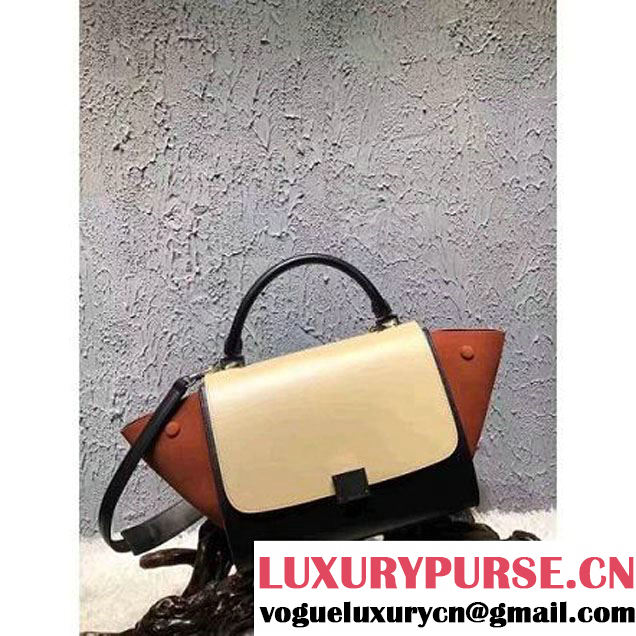 Celine Small Trapezre Tricolor Bag In Smooth Calfskin & Suede Leather Beige/Black/Cinnamon 2017 (OZZ-7041220 )