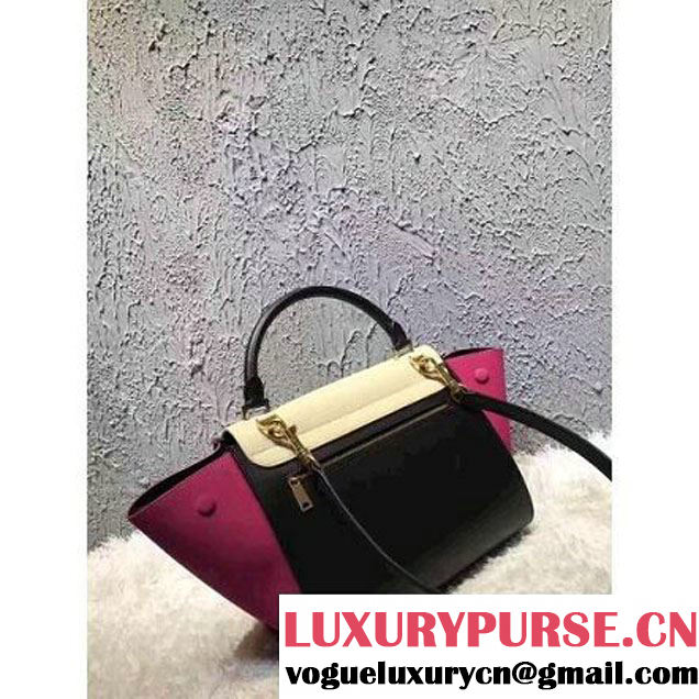 Celine Small Trapezre Tricolor Bag In Grainy Calfskin & Suede Leather White/Black/Rosy 2017 (OZZ-7041224 )