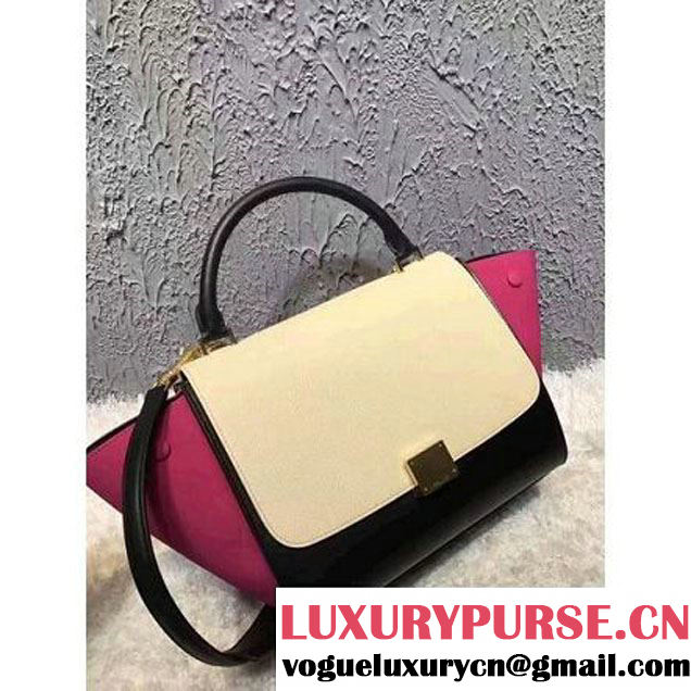 Celine Small Trapezre Tricolor Bag In Grainy Calfskin & Suede Leather White/Black/Rosy 2017 (OZZ-7041224 )