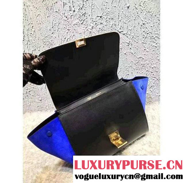 Celine Small Trapezre Tricolor Bag In Grainy Calfskin & Suede Leather Beige/Black/Royal Blue 2017 (OZZ-7041227 )