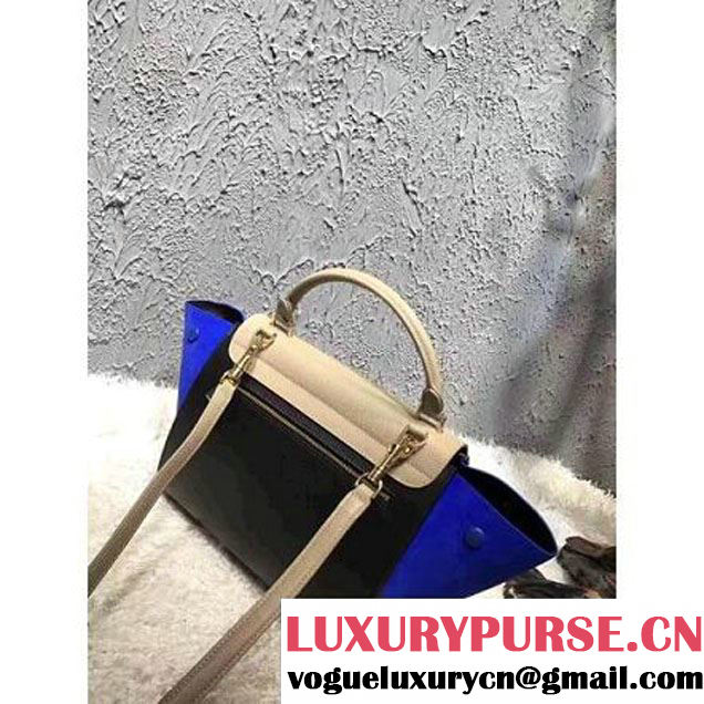 Celine Small Trapezre Tricolor Bag In Grainy Calfskin & Suede Leather Beige/Black/Royal Blue 2017 (OZZ-7041227 )