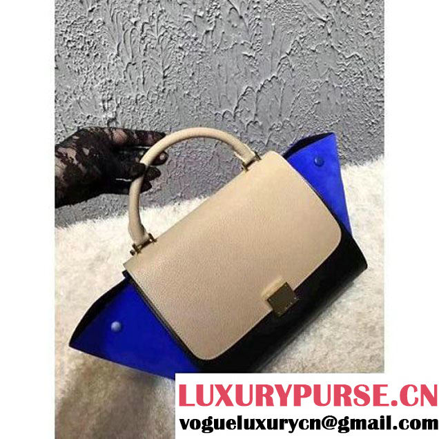 Celine Small Trapezre Tricolor Bag In Grainy Calfskin & Suede Leather Beige/Black/Royal Blue 2017 (OZZ-7041227 )