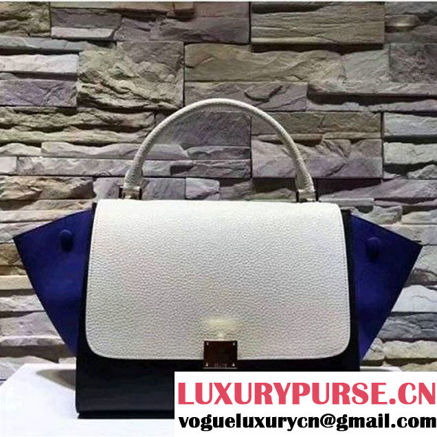 Celine Small Trapezre Tricolor Bag In Grainy Calfskin & Suede Leather White/Black/Blue 2017 (OZZ-7041229 )