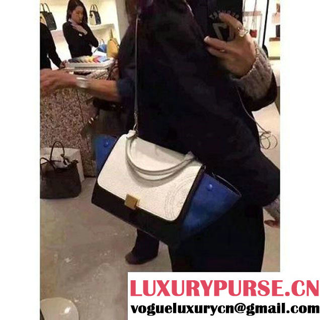 Celine Small Trapezre Tricolor Bag In Grainy Calfskin & Suede Leather White/Black/Blue 2017 (OZZ-7041229 )