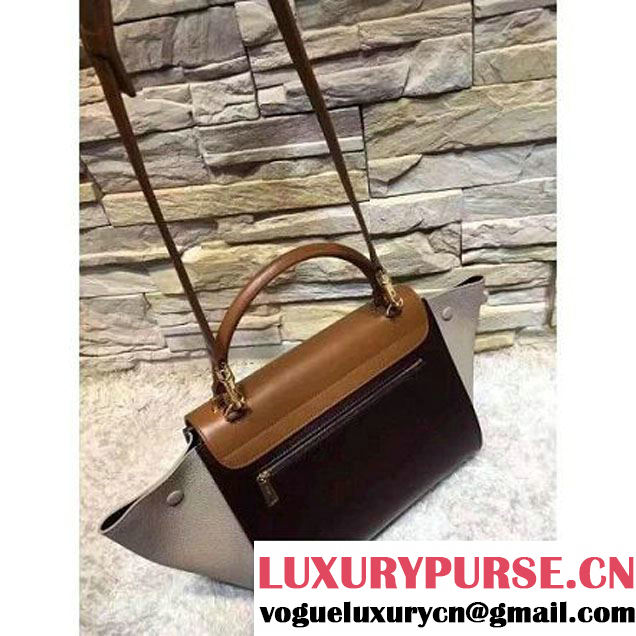 Celine Small Trapezre Tricolor Bag In Smooth & Grainy Leather Brown/Burgundy/Gray 2017 (OZZ-7041232 )