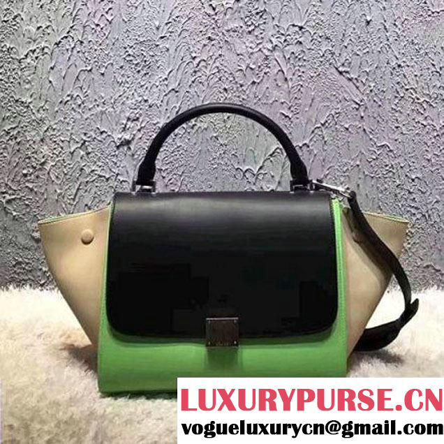 Celine Small Trapezre Tricolor Bag In Smooth Calfskin & Suede Leather Black/Green/Beige 2017 (OZZ-7041236 )