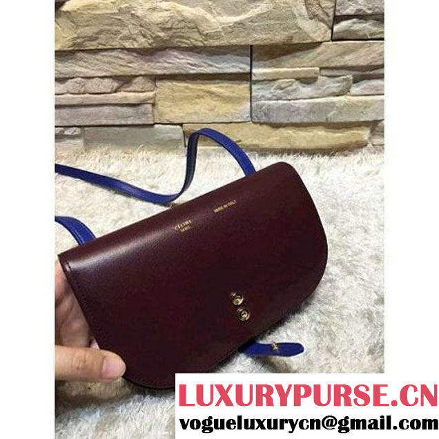 Celine Strap Clutch On Strap In Shiny Calfskin Burgundy/Blue Summer 2016 (1A021-6061322 )